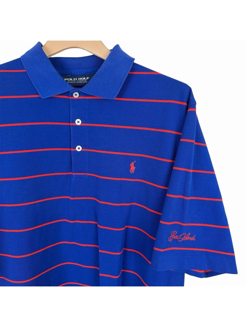 Polo Golf Ralph Lauren Shirt Mens Large Blue Striped Red Pony Logo Preppy